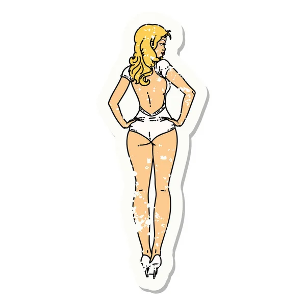 Distressed Sticker Tattoo Traditional Style Pinup Swimsuit Girl — Stock Vector