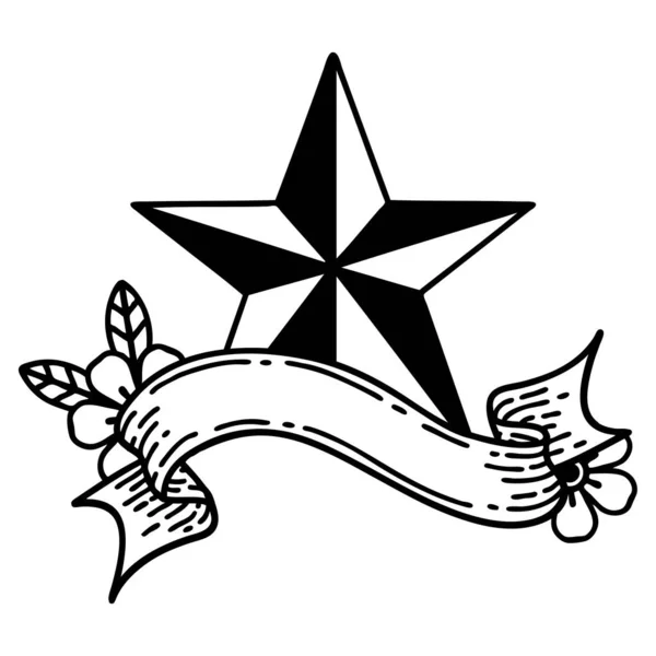 Tatuagem Linework Preto Tradicional Com Banner Uma Estrela —  Vetores de Stock