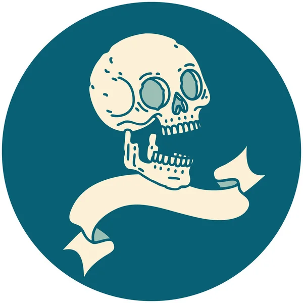 Icône Style Tatouage Avec Bannière Crâne — Image vectorielle