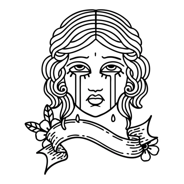Tradiční Černé Linework Tetování Praporem Ženské Tváře Pláč — Stockový vektor