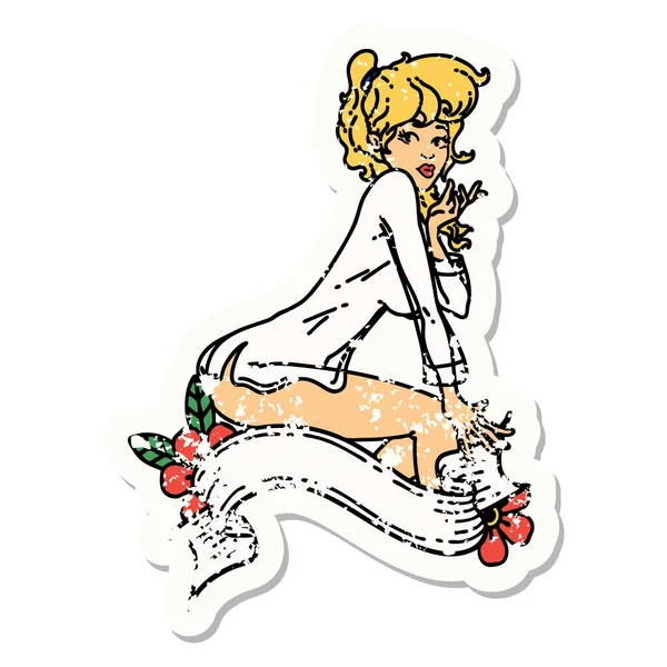 Стресовий Наклейка Татуювання Традиційному Стилі Дівчини Блискавки Сорочці Банером — стоковий вектор