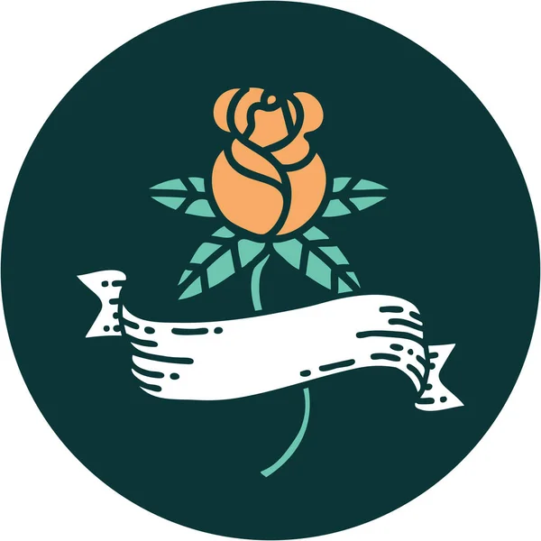 玫瑰和横幅的标志性纹身风格图像 — 图库矢量图片