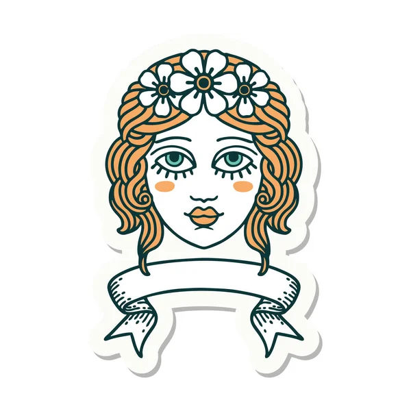 Autocollant Style Tatouage Avec Bannière Visage Féminin Avec Couronne Fleurs — Image vectorielle