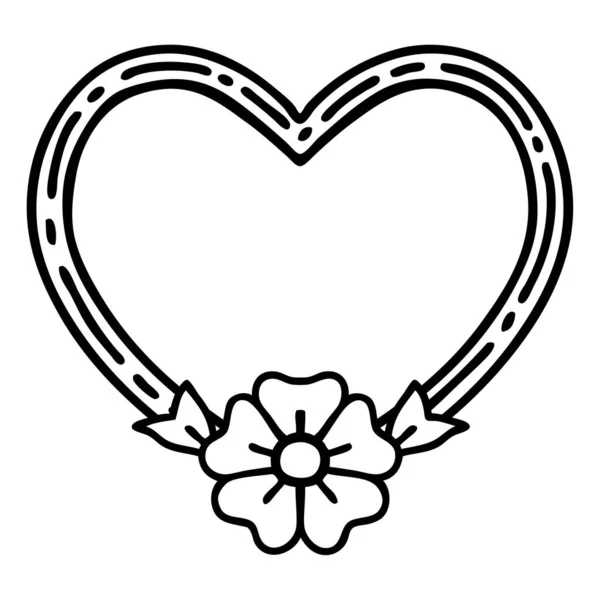 Tatouage Dans Style Ligne Noire Coeur Une Fleur — Image vectorielle