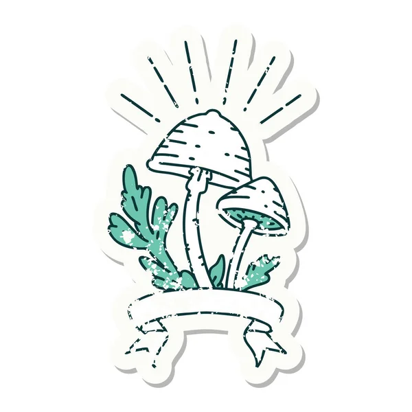 Worn Old Sticker Tattoo Style Mushrooms — Stock Vector