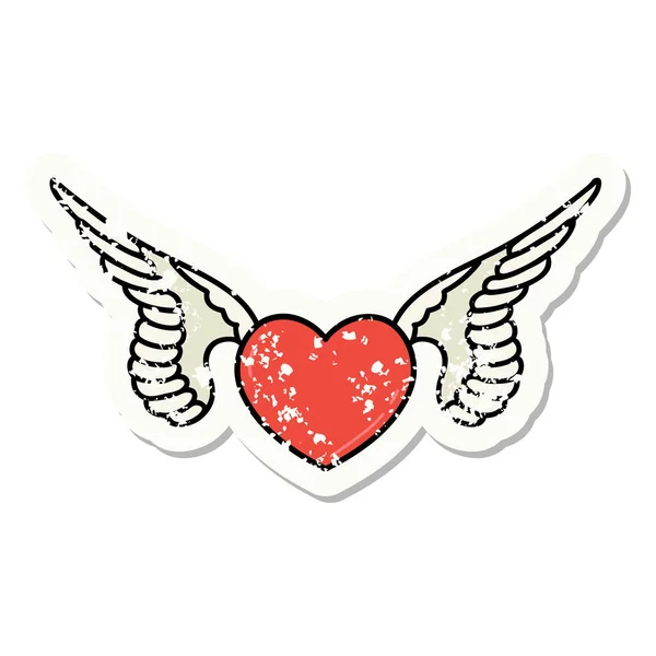 Distressed Sticker Tattoo Traditional Style Heart Wings — Stock Vector