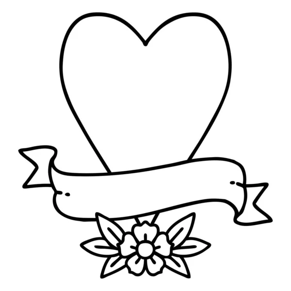 Tatuagem Estilo Linha Preta Coração Banner —  Vetores de Stock