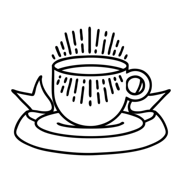 Традиционная Черная Линия Татуировки Баннером Чашки Кофе — стоковый вектор