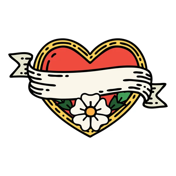 Tatuaje Estilo Tradicional Corazón Bandera Con Flores — Archivo Imágenes Vectoriales