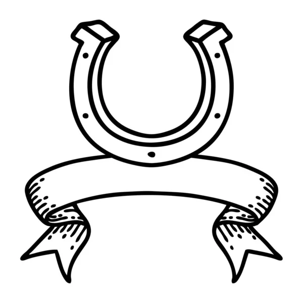 Традиційне Чорне Лінійне Татуювання Банером Взуття Коней — стоковий вектор