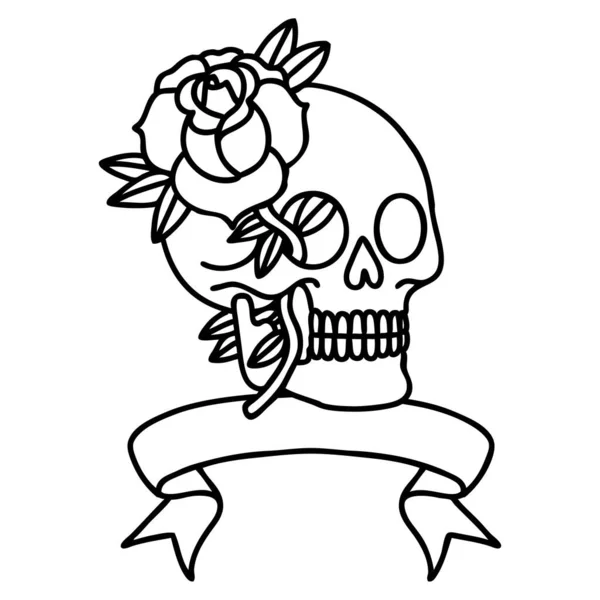 带有骷髅和玫瑰横幅的传统黑人血统纹身 — 图库矢量图片