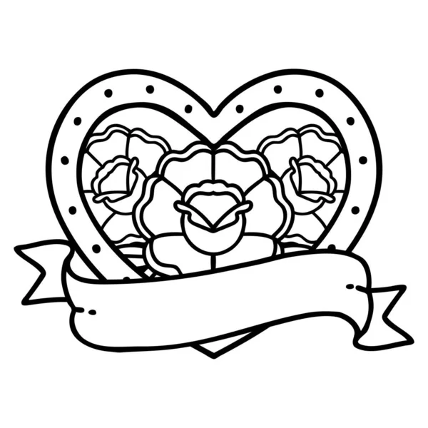 Tattoo Black Line Style Heart Banner Flowers — Stock Vector
