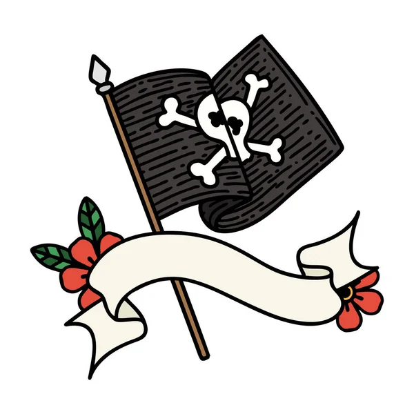 Traditionelle Tätowierung Mit Banner Der Piratenflagge — Stockvektor