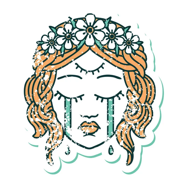 Image Emblématique Style Tatouage Autocollant Affligé Visage Féminin Avec Troisième — Image vectorielle