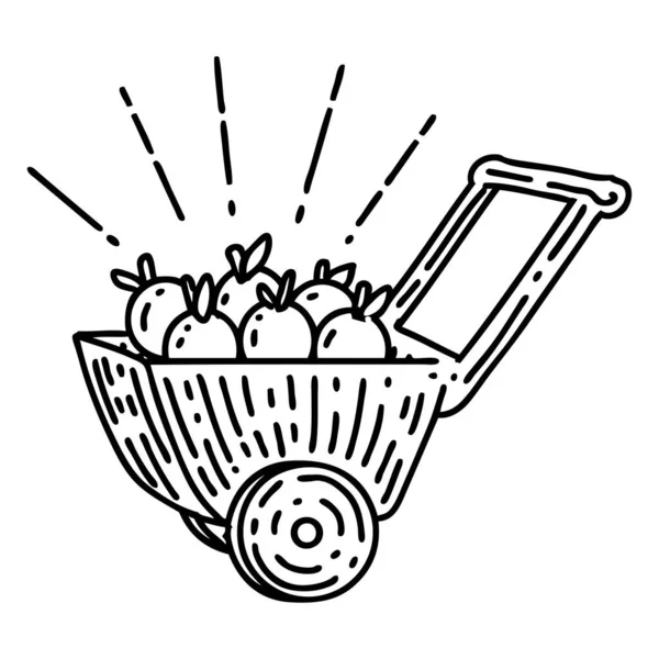 Illustration Chariot Traditionnel Style Tatouage Travail Ligne Noire Pommes — Image vectorielle