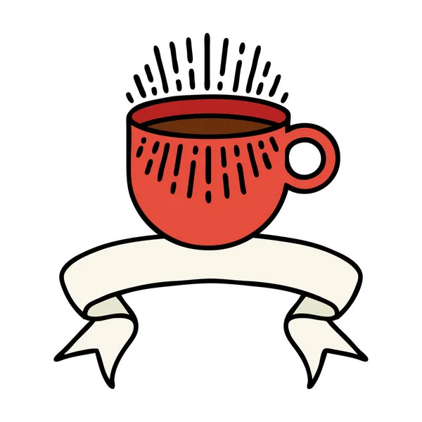 Традиционная Татуировка Баннером Чашки Кофе — стоковый вектор