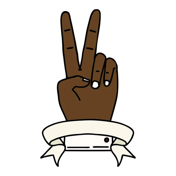 Retro Tattoo Style Fred Två Finger Hand Gest Med Banner — Stock vektor