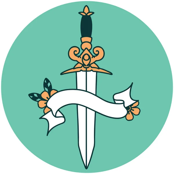 Icône Style Tatouage Avec Bannière Une Dague — Image vectorielle