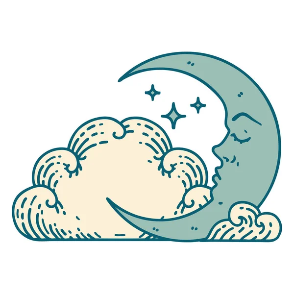 Image Emblématique Style Tatouage Croissant Lune Nuages — Image vectorielle