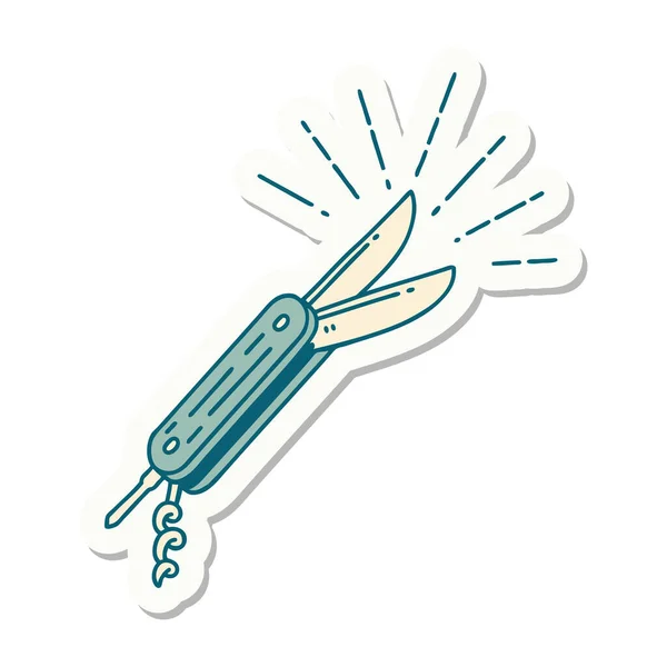 Pegatina Cuchillo Plegable Estilo Tatuaje — Vector de stock