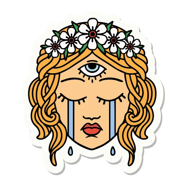 Sticker Tattoo Traditional Style Female Face Mystic Third Eye Crying — Stock Vector