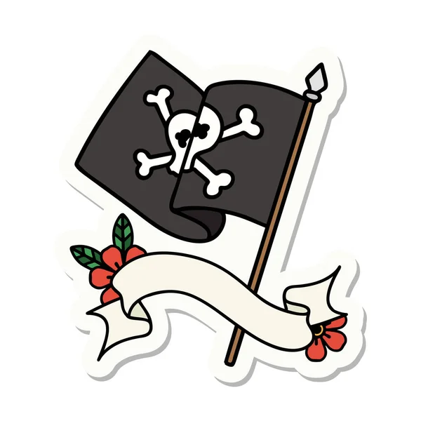 Etiqueta Estilo Tatuagem Com Bandeira Uma Bandeira Pirata —  Vetores de Stock