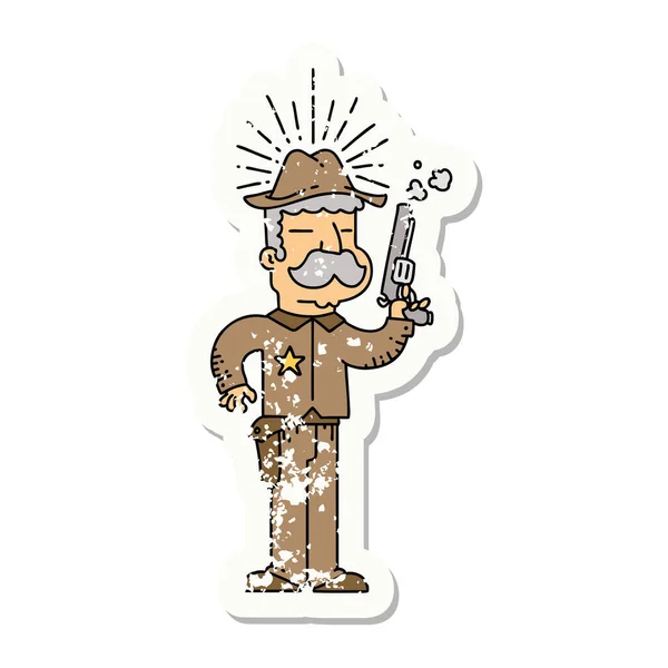 Versleten Oude Sticker Van Een Tattoo Stijl Wild West Sheriff — Stockvector