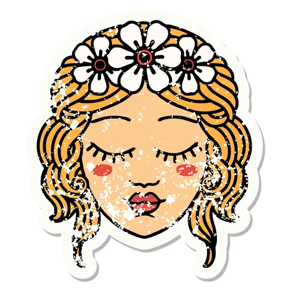 Distressed Sticker Tätowierung Traditionellen Stil Des Weiblichen Gesichts Mit Geschlossenen — Stockvektor