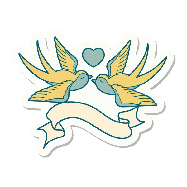 Autocollant Style Tatouage Avec Bannière Hirondelles Coeur — Image vectorielle