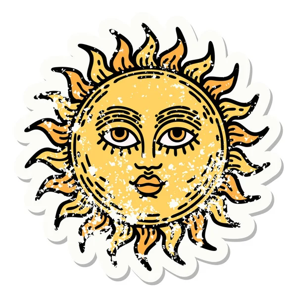 Tatuagem Adesiva Angustiada Estilo Tradicional Sol Com Rosto —  Vetores de Stock