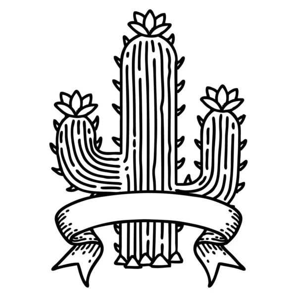 Traditionell Svart Linjetatuering Med Banner Kaktus — Stock vektor