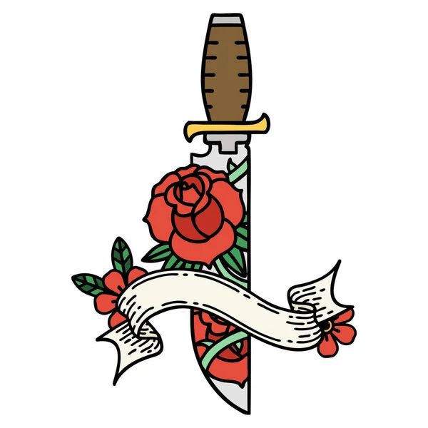 短剣と花のバナーと伝統的な入れ墨 — ストックベクタ