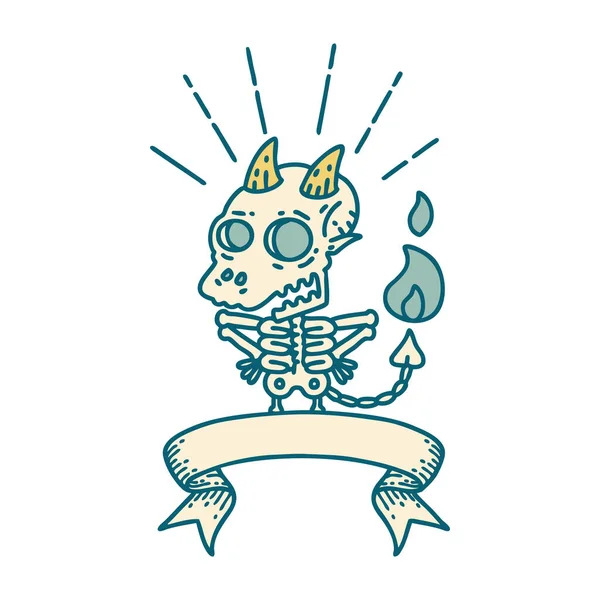 Scroll Banner Tattoo Style Skeleton Demon Character — Stock Vector