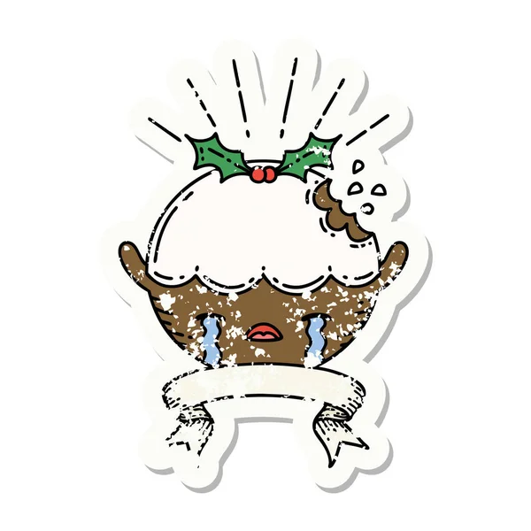 Worn Old Sticker Tattoo Style Christmas Pudding Character Crying — Stock Vector