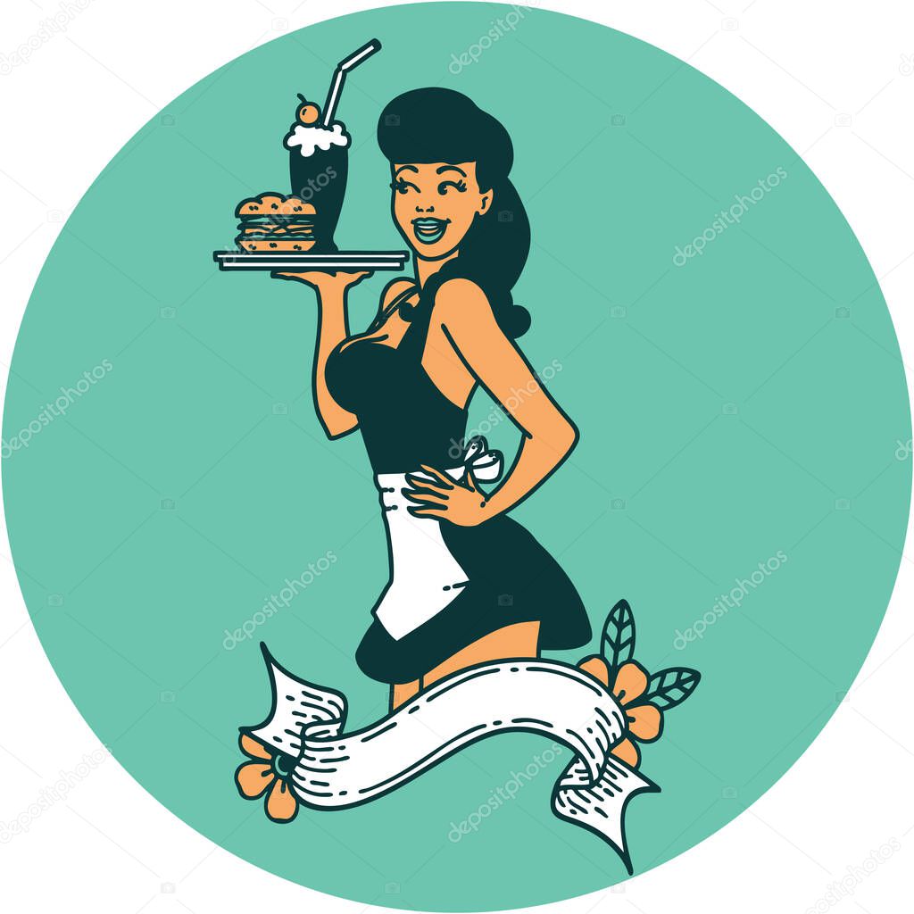 tattoo in traditional style of a pinup waitress girl with banner