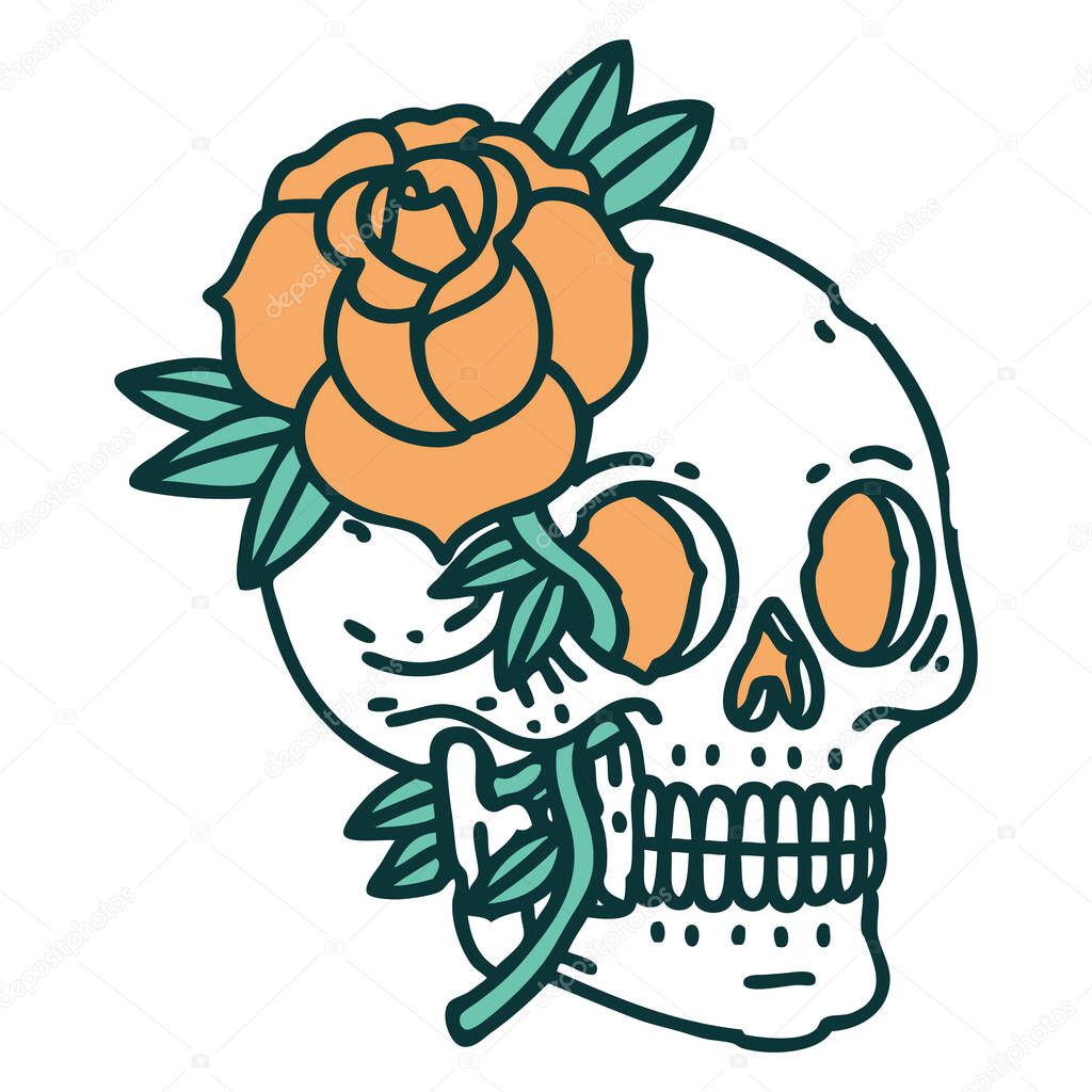 iconic tattoo style image of a skull and rose