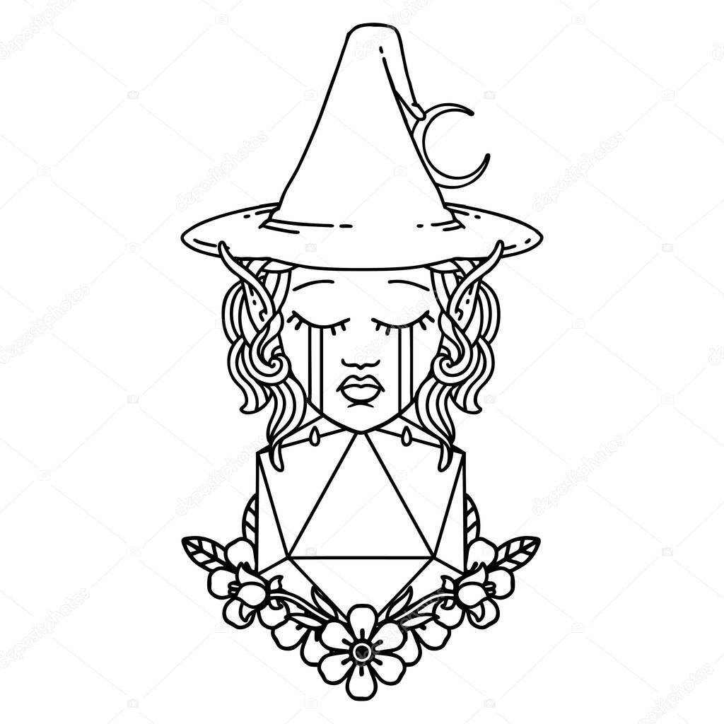 Black and White Tattoo linework Style crying elf witch with natural one D20 roll