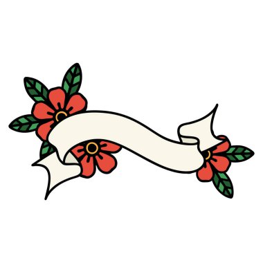 dövmesi geleneksel bir pankart ve çiçek tarzında.