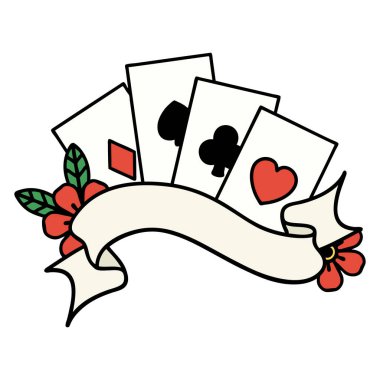 geleneksel kart stili dövme ve çiçekli pankart