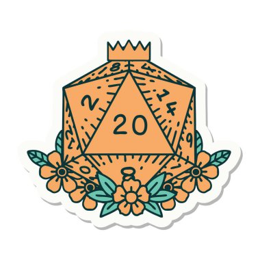 Doğal bir 20 D20 zarının çıkartması. Çiçekli elementlerle birlikte.