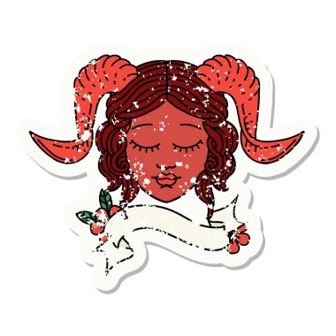 Parşömen pankartıyla kiremitli karakter yüzünün grunge etiketi