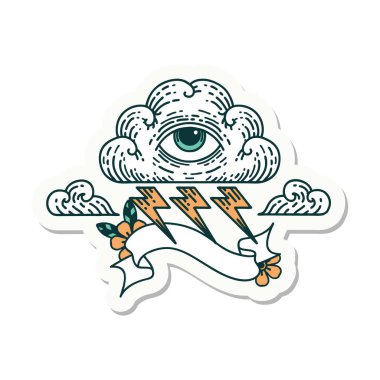 Her şeyi gören bir göz bulutunun bayrağına sahip dövme stili çıkartması