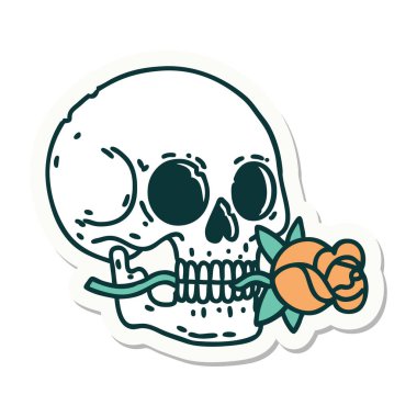 Geleneksel kafatası ve gül stili dövme çıkartması.