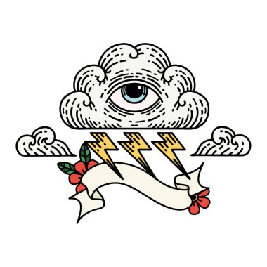 Her şeyi gören bir göz bulutunun bayrağıyla geleneksel dövme.