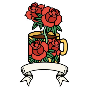 Geleneksel dövmeli, fincanlı ve çiçekli