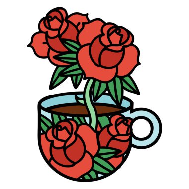 geleneksel bir kupa ve çiçek şeklinde dövme.