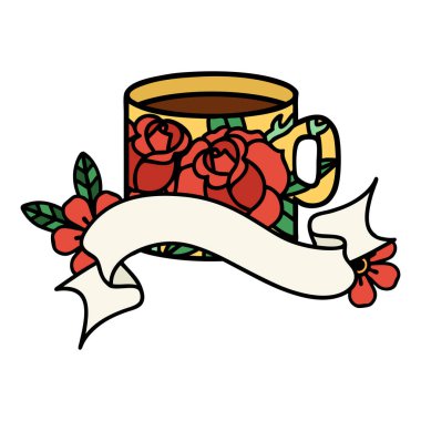 Geleneksel dövmeli, fincanlı ve çiçekli