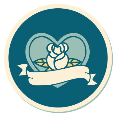 Dövme çıkartması geleneksel tarz bir kalp gülü ve bayrağı 