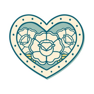 Geleneksel kalp ve çiçek stiliyle dövme çıkartması.