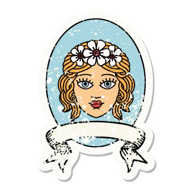 Çiçeklerden taç takan bir bakirenin bayrağını taşıyan eski bir etiket